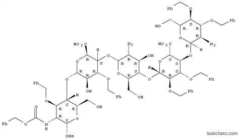 Molecular Structure of 114903-05-8 (a-D-Glucopyranoside, Methyl O-2-azido-2-deoxy-3,4-bis-O-(phenylMethyl)-a-D-glucopyranosyl-(14) -O-2,3-bis-O-(phenylMethyl)-b-D-glucopyranuronosyl-(14)-O-2-azido- 2-deoxy-a-D-glucopyranosyl-(14)-O-3-O-(phenylMethyl)-a-L-idopyranu ronosyl-(14)-2-deoxy-2)